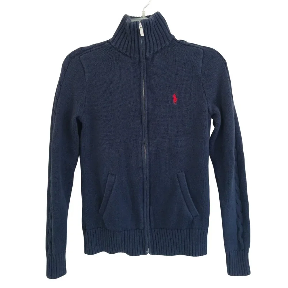 Ralph Lauren Sport Women’s Medium Navy Blue Long Sleeve Full Zip Fitted Sweater - Picture 2 of 11